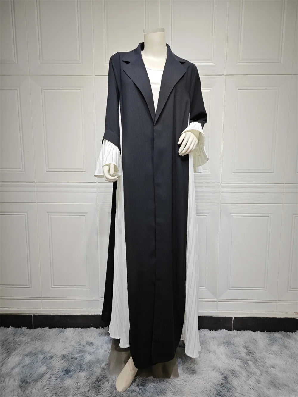 ABY038 Black and White Pleated Contrast Abaya with Hood