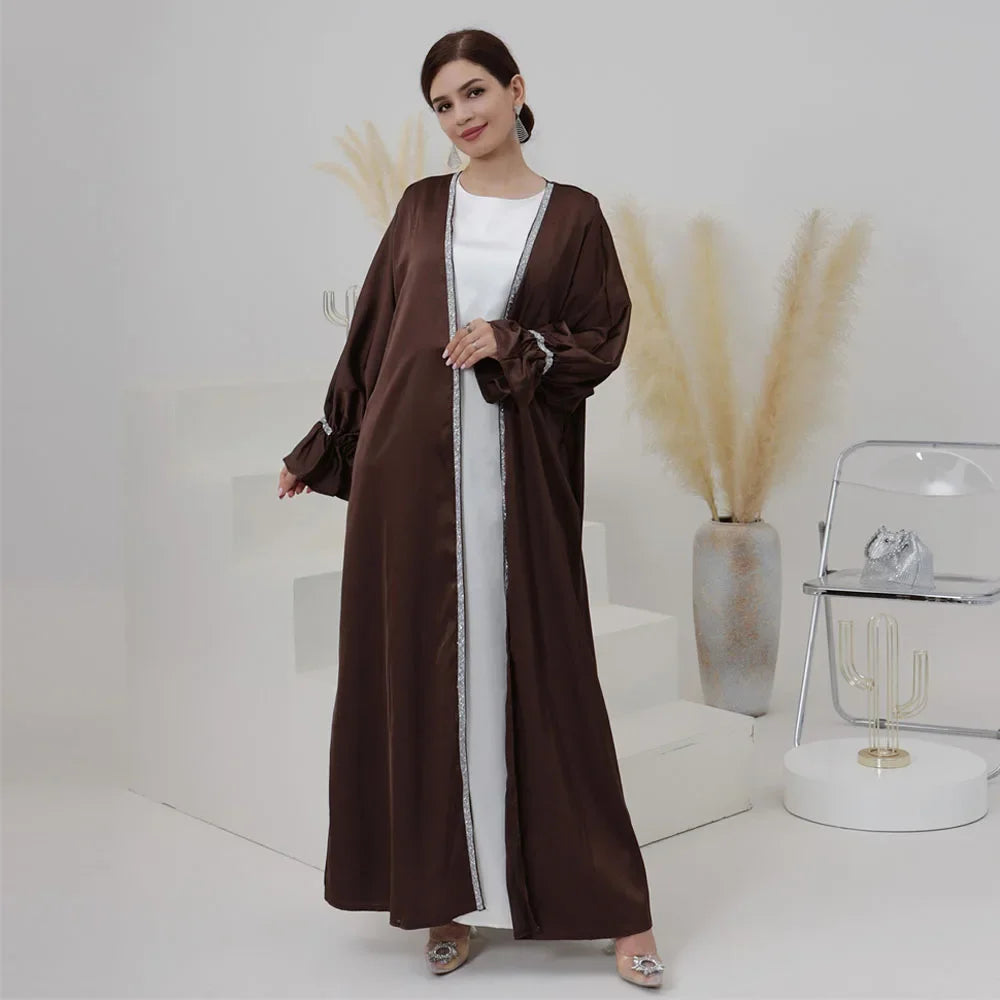 EG21 Eid abaya/ramadan abaya/ Eid dresses Majestic Satin Abaya Set with Radiant Diamond Trim - 3 Piece Elegance