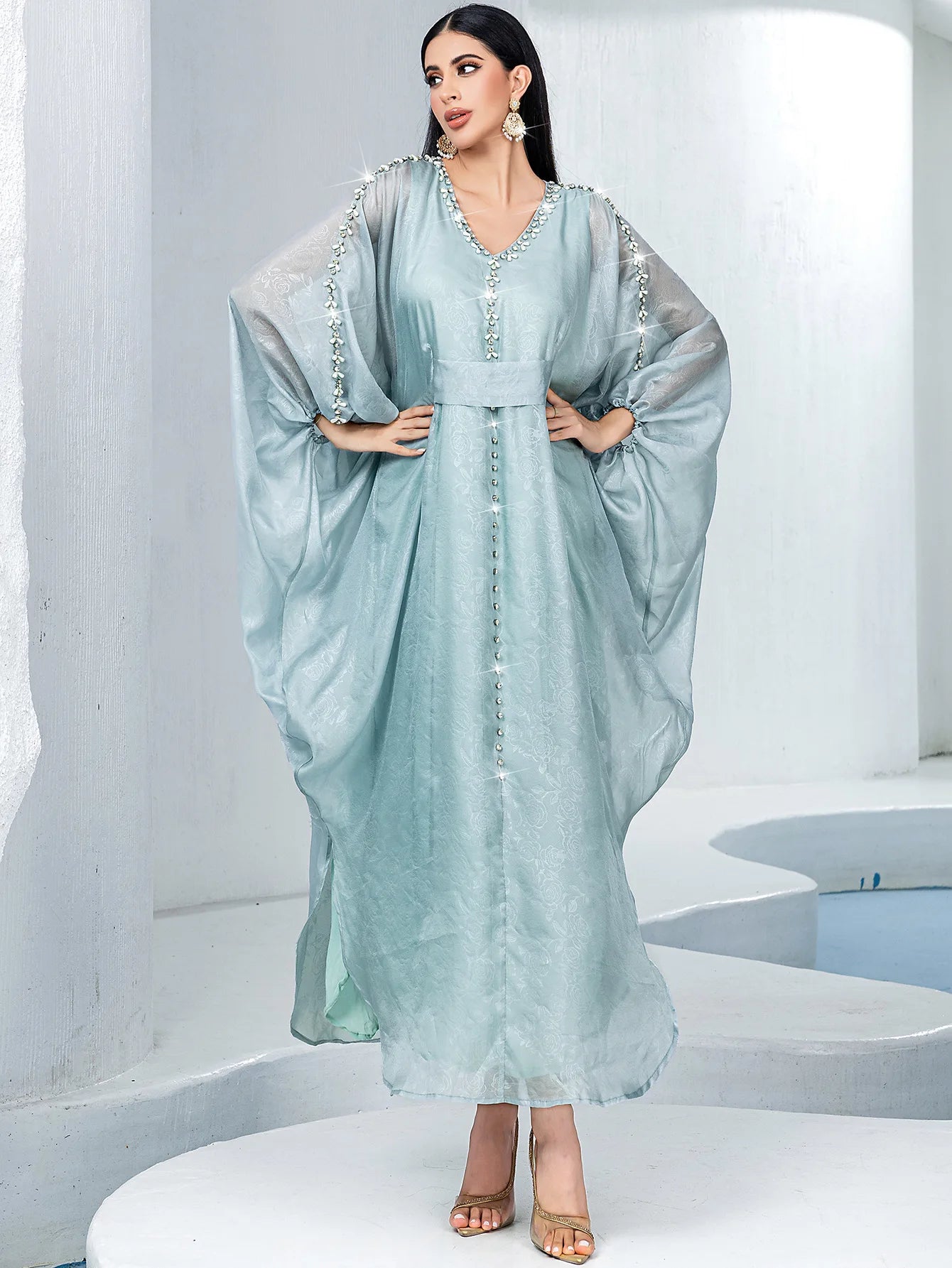 Nourya Seafoam Pearl Kaftan Abaya– Eid & Ramadan Modest Long Dress (LXN8)