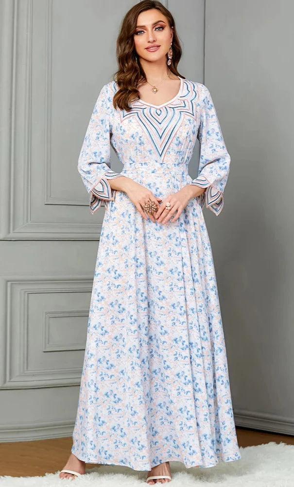 EG08 Fashion Embroidery Printed V-neck/Pastel Bloom Embroidered Abaya