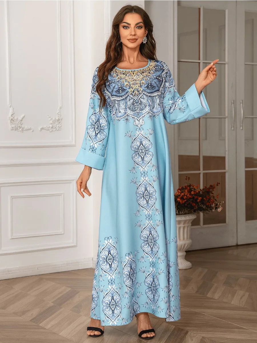 ABY028  Premium Pearl-Embellished Kaftan/ light blue