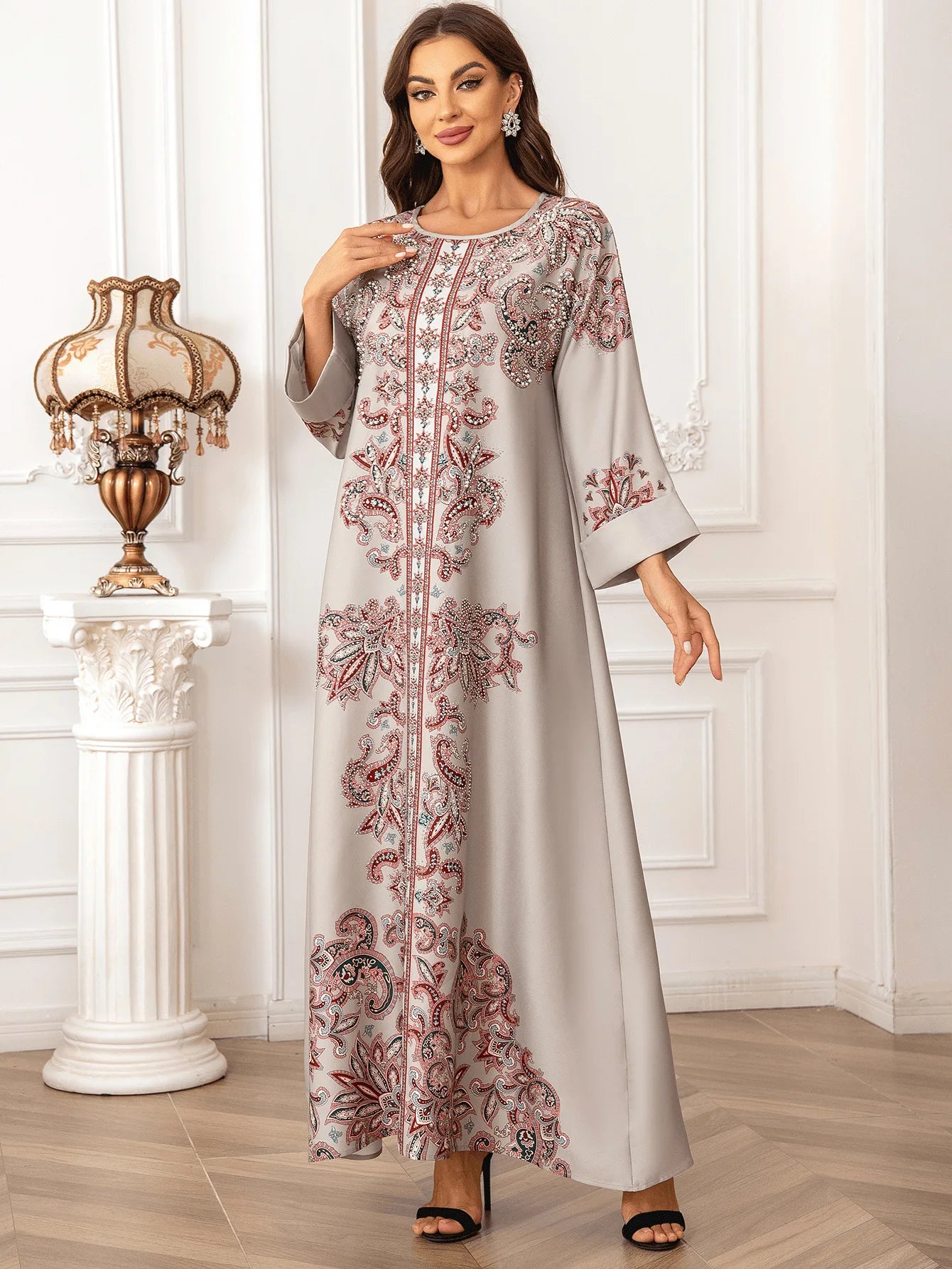 ABY034 Opulent Print Abaya with Pearl and Diamond Adornments