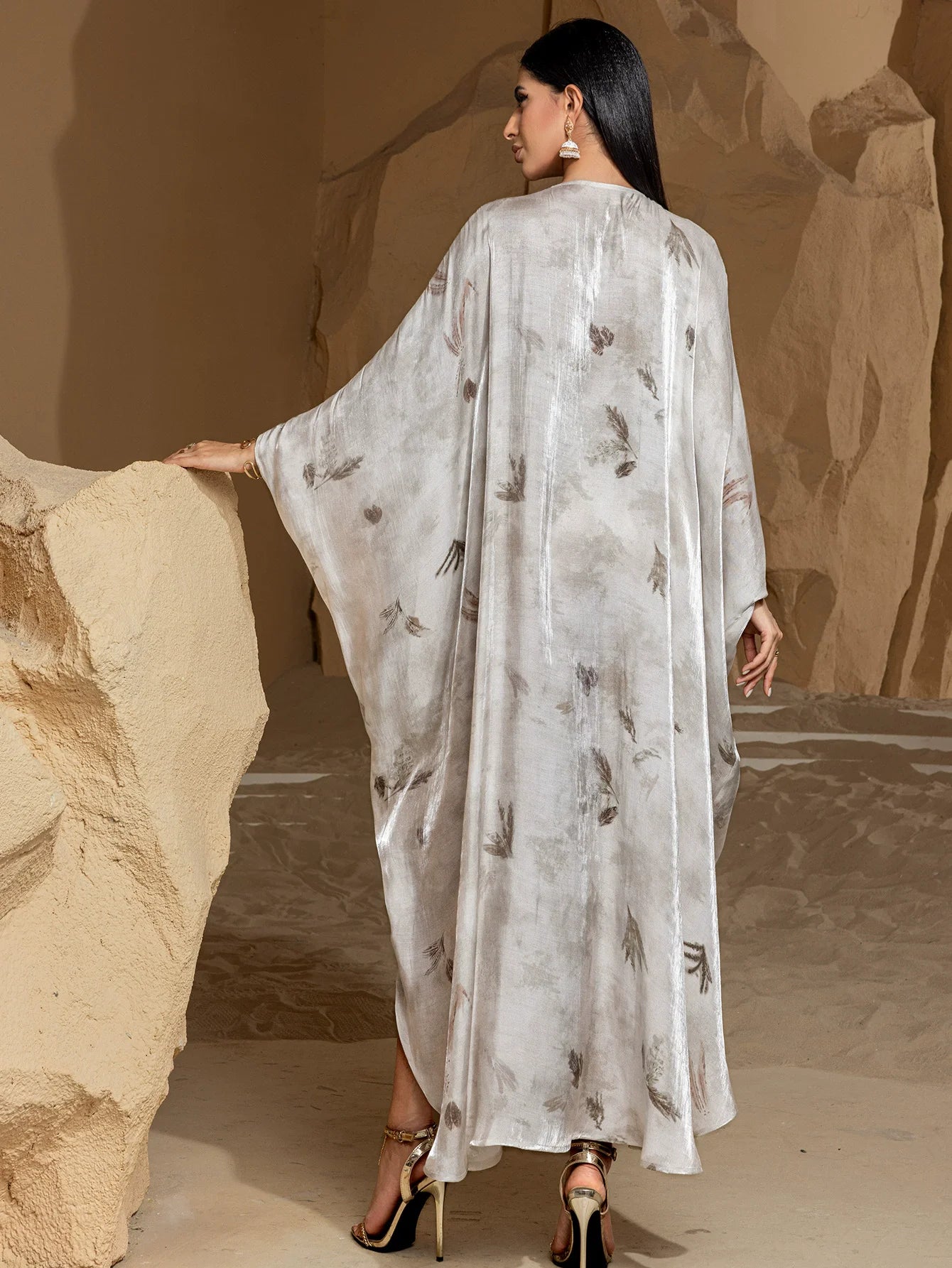 Desert Butterfly Silver Kaftan Abaya  – Eid & Ramadan Modest Long Dress (LXD8)