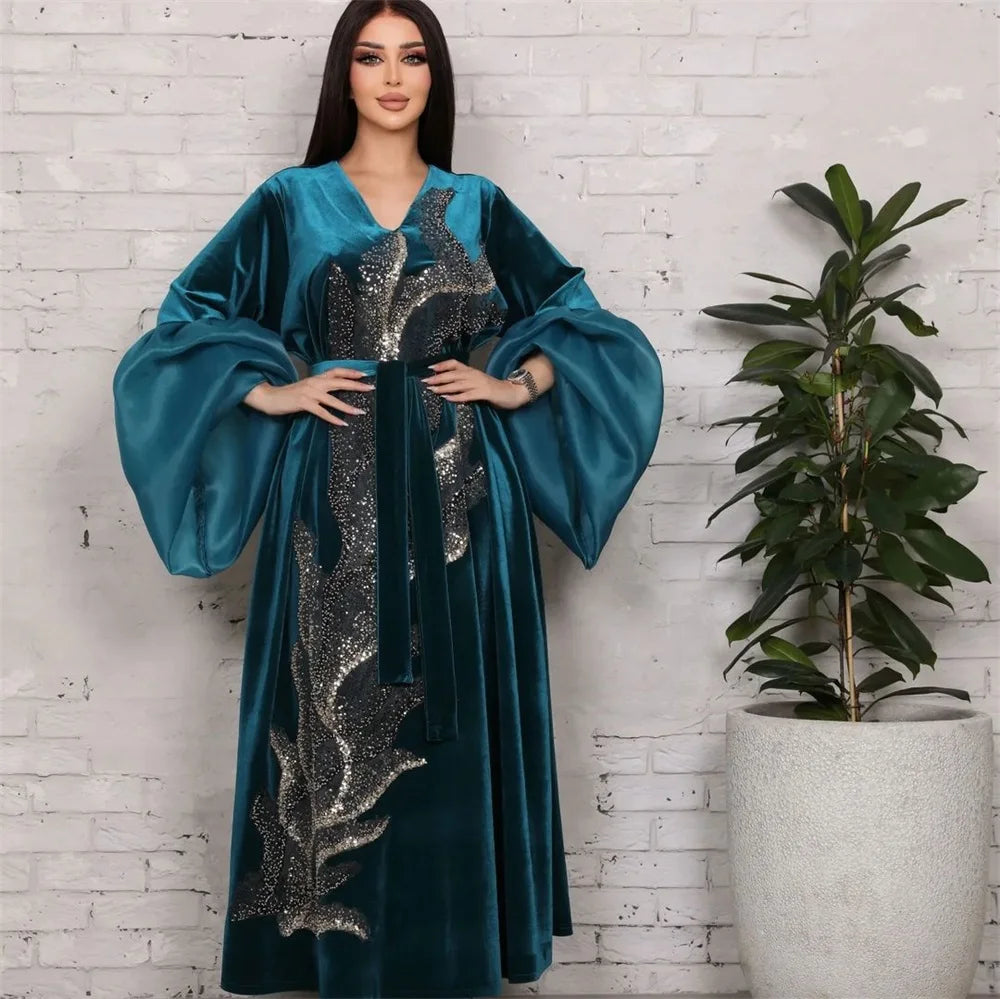 ABY11 Elegant Velvet Kaftan with Sequin Embellishments for Autumn/Winter