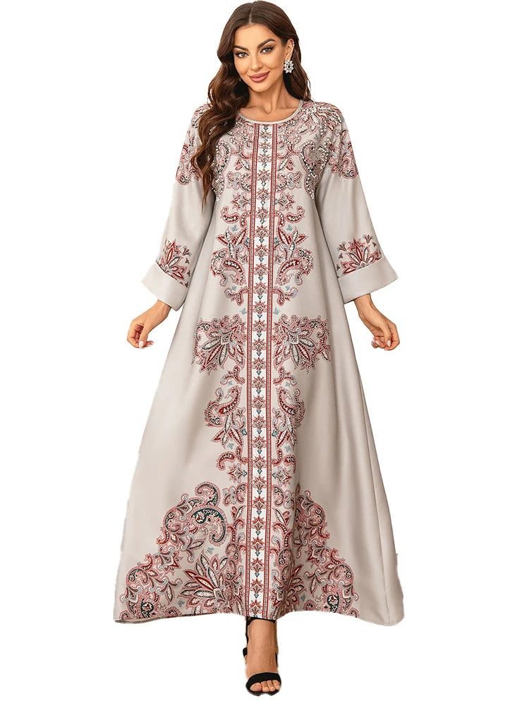 ABY034 Opulent Print Abaya with Pearl and Diamond Adornments