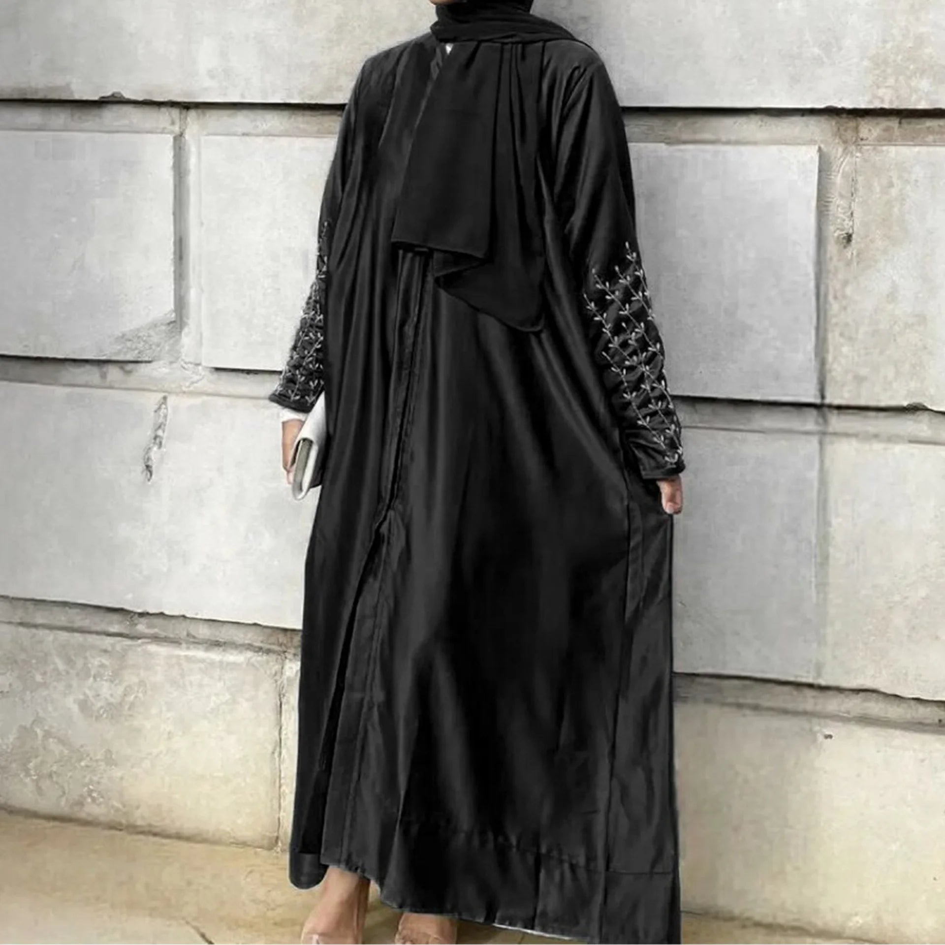 ABY15 Silver Grace Embroidered Satin Abaya