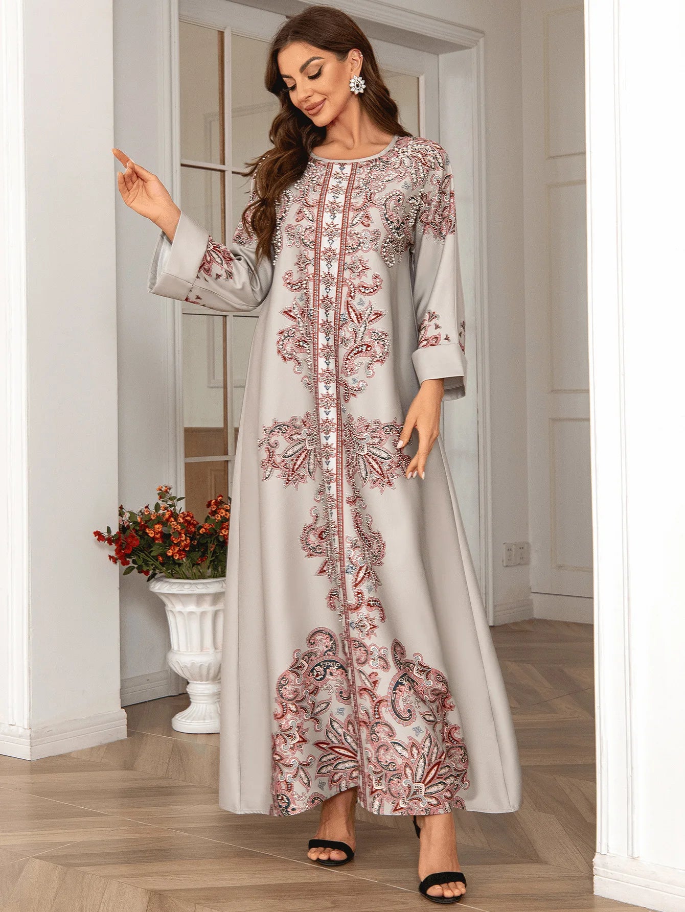 ABY034 Opulent Print Abaya with Pearl and Diamond Adornments