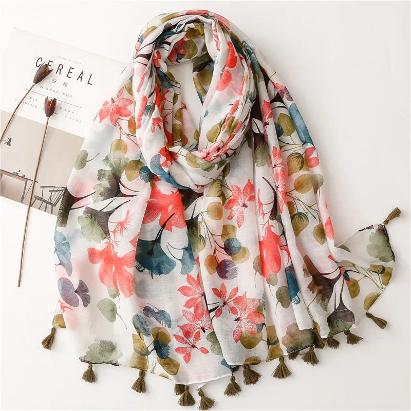 HB14 Floral Tassel Viscose Shawls