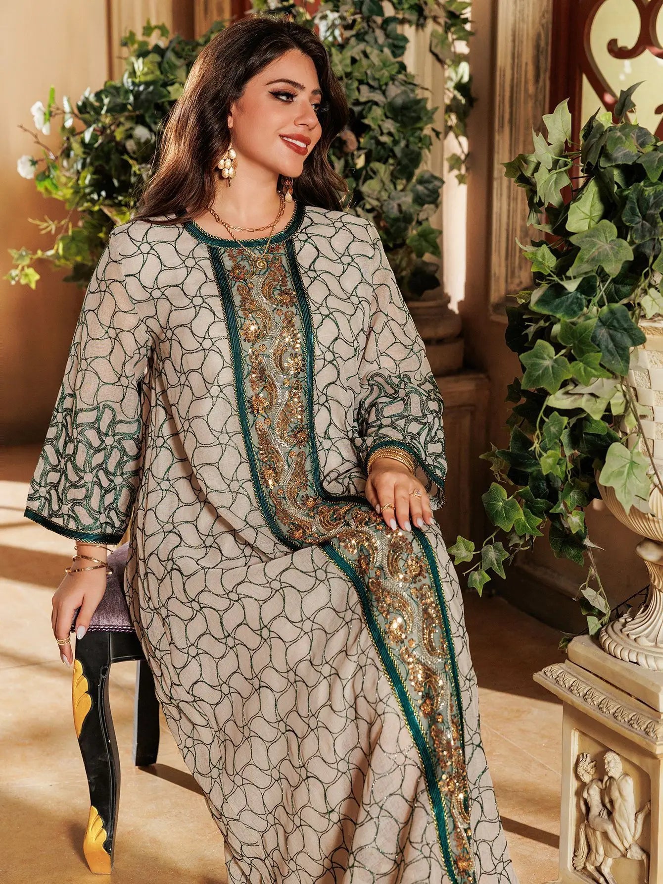 ABY024  Sequin Embroidery Abaya / Ramadan Caftan Jalabiya