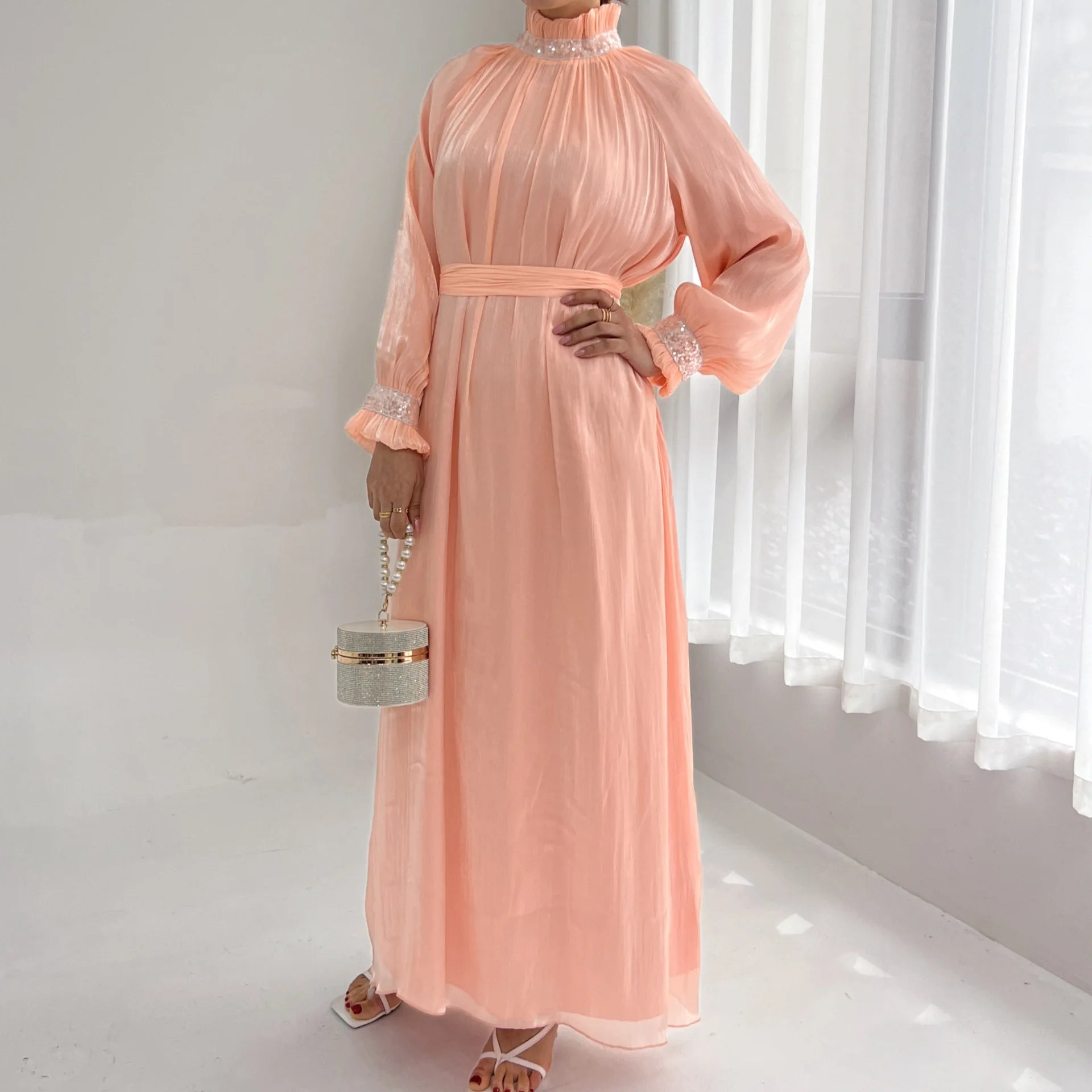 ABY039  Elegant Pleated Satin Abaya with Embellished Collar