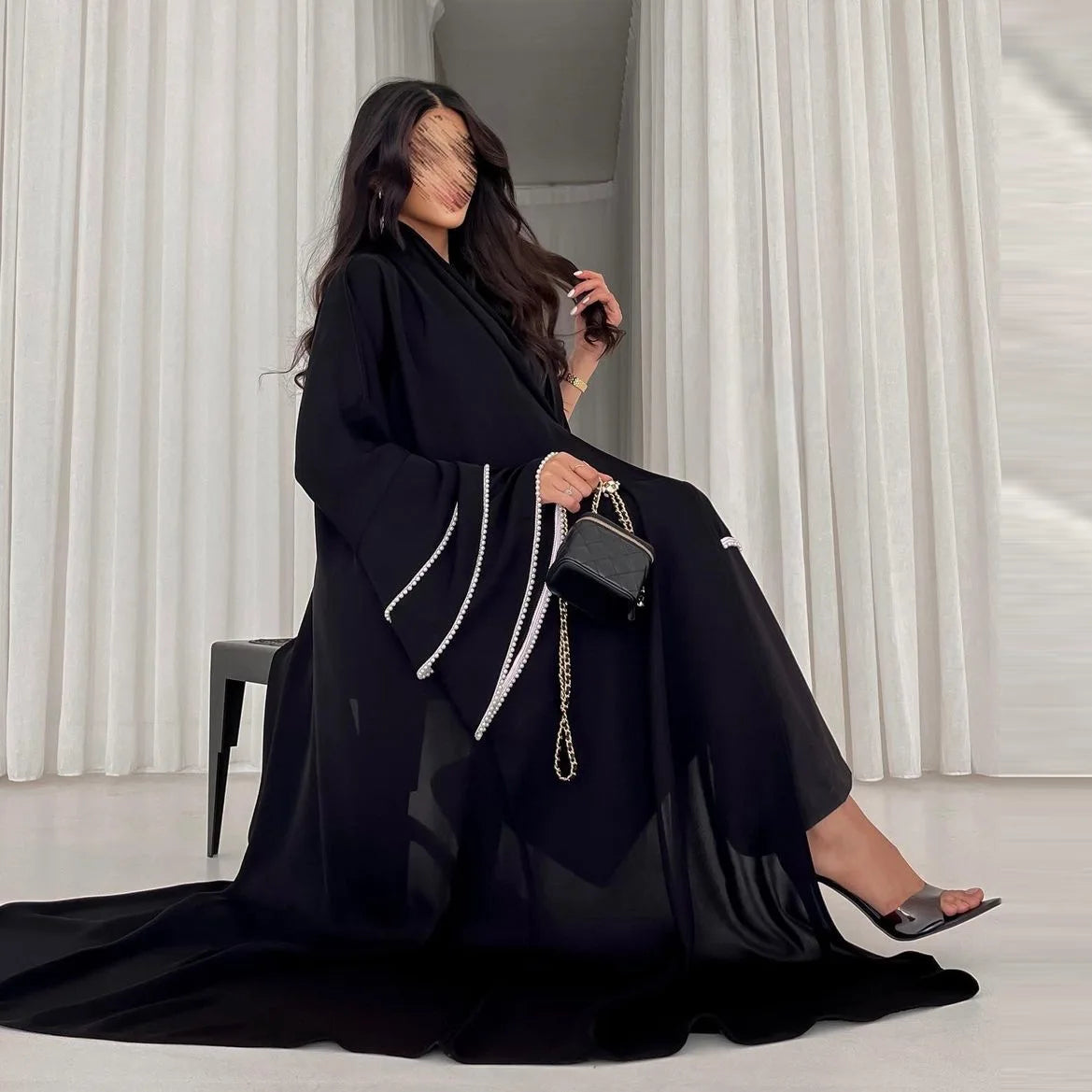 Velaya Abaya – Pearl-Trimmed Perfection in Black - Daily and Ramadan Modest Long Dress (D9)