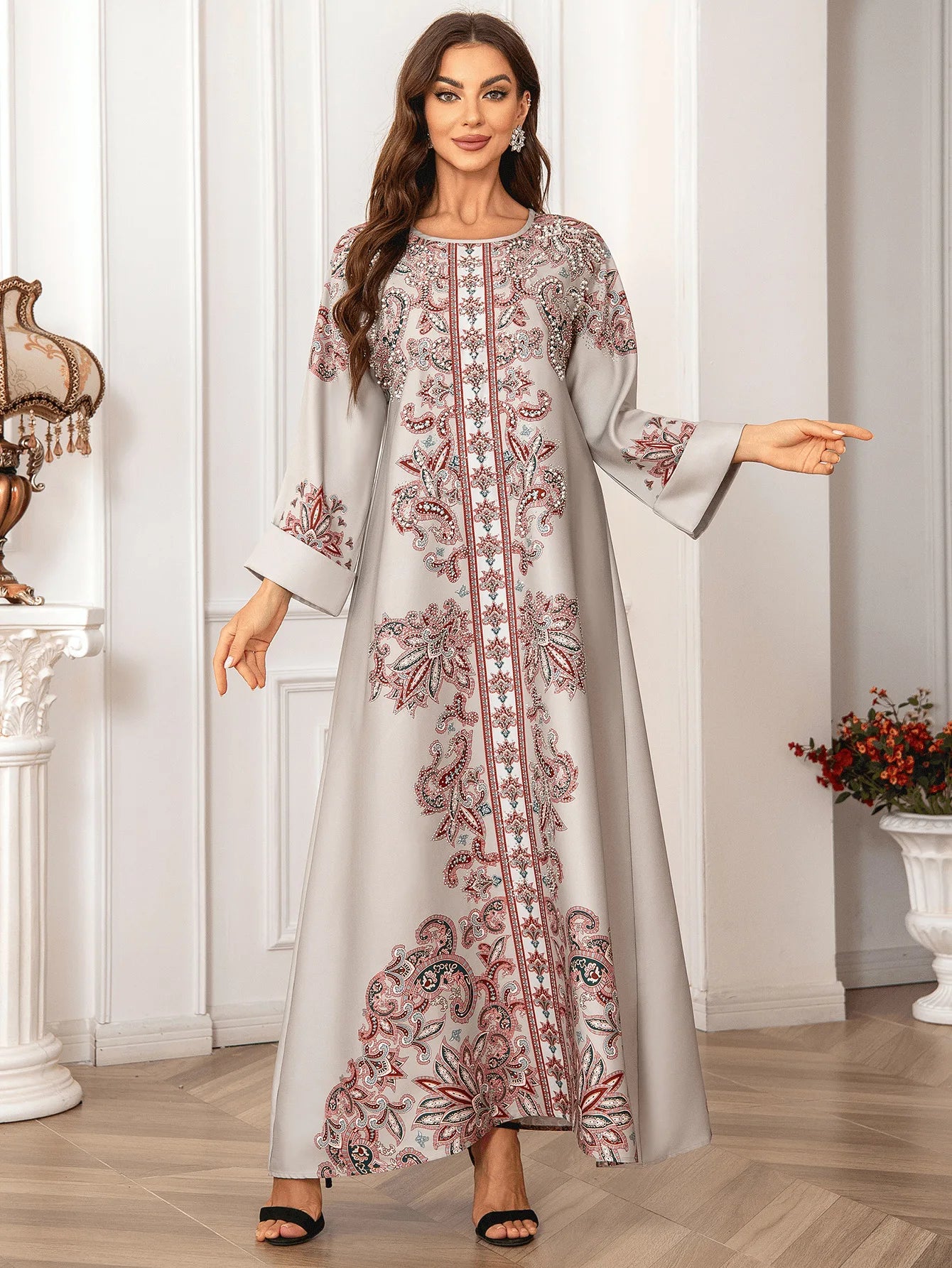 ABY034 Opulent Print Abaya with Pearl and Diamond Adornments