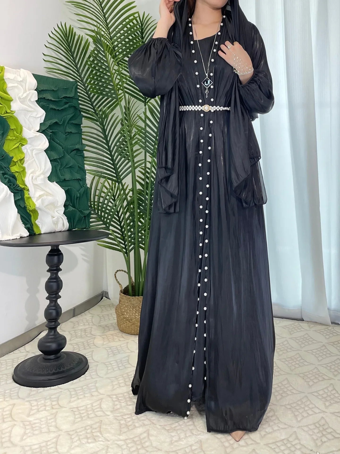 ABY13  Lantern Sleeve Lux Radiance Four-Piece Satin Abaya