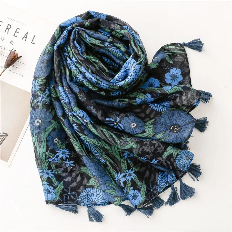 HB08 Midnight Garden Floral Tassel Hijab/ Viscose Shawl