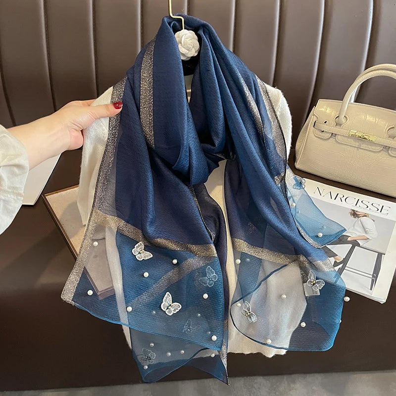 Luxury Silk Shawl Scarf- Butterfly Pearl Silk Scarf/Hijab Collection