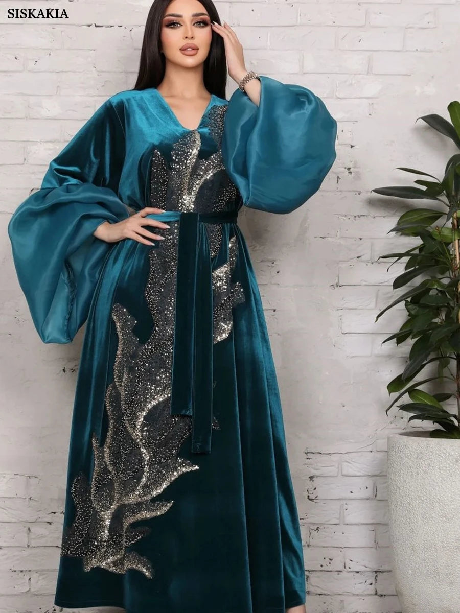 ABY11 Elegant Velvet Kaftan with Sequin Embellishments for Autumn/Winter