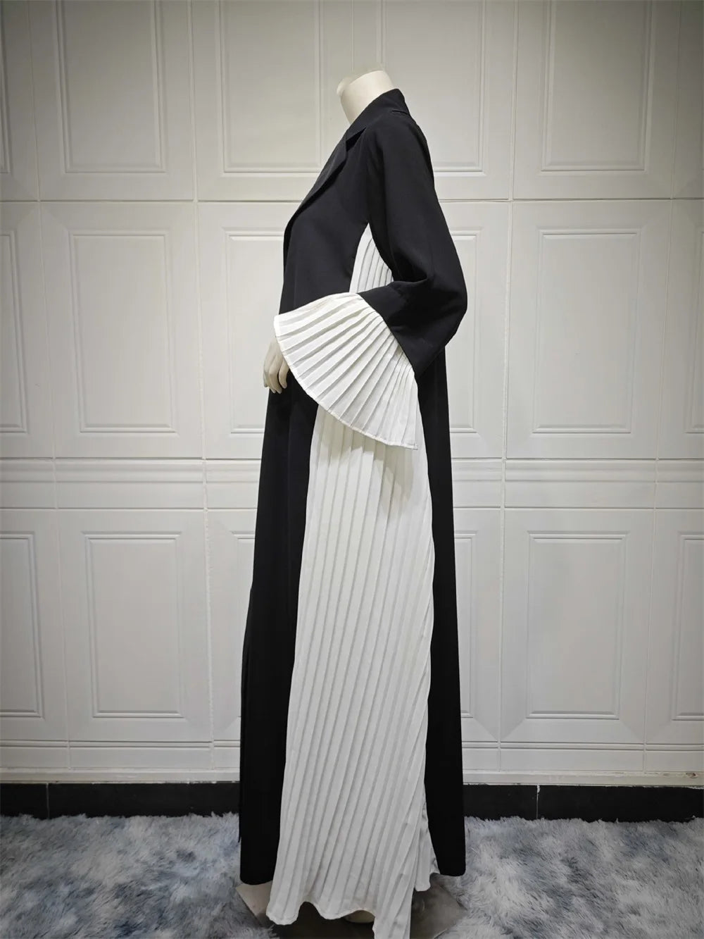 ABY038 Black and White Pleated Contrast Abaya with Hood