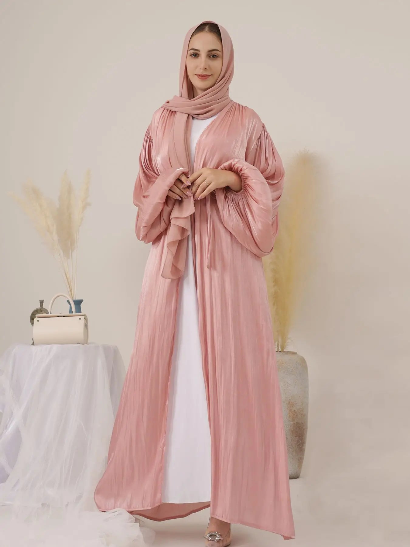 ABY021  Blush Satin Open Abaya