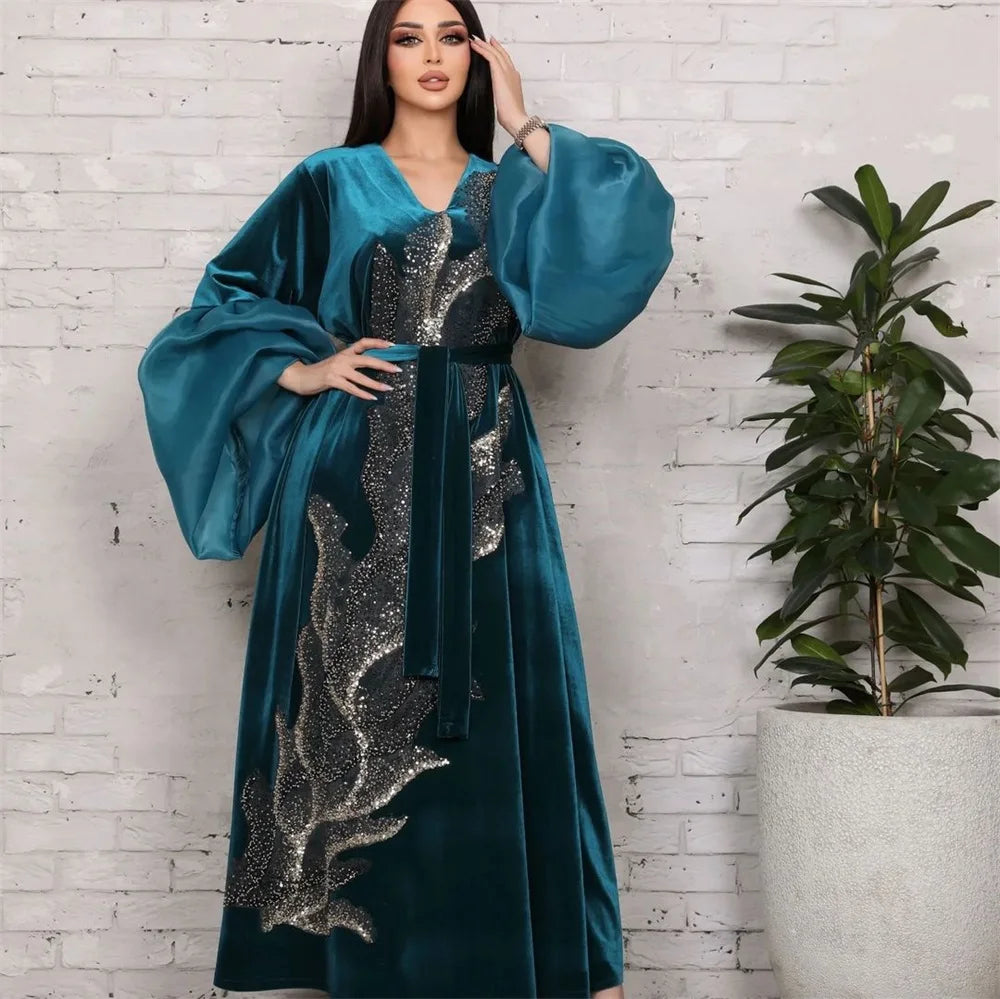 ABY11 Elegant Velvet Kaftan with Sequin Embellishments for Autumn/Winter