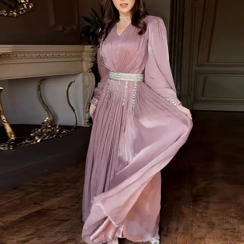 Mauve Crystal Pleated Abaya Dress with Lantern sleeves – Eid & Ramadan Modest Long Dress (LXL8)