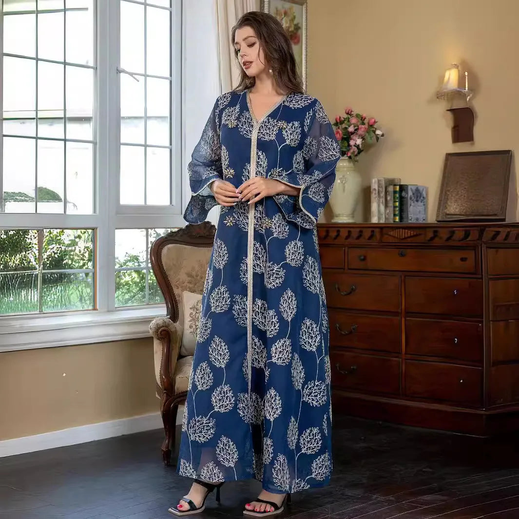 LX02 Navy Blue Floral Embroidered Kaftan/Eid abaya/ramadan abaya