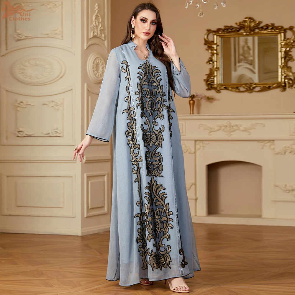 LX19 Ramadan Muslim Women's Floral Embroidery Maxi Dress /Majestic Embroidered Multi-Tone Abaya