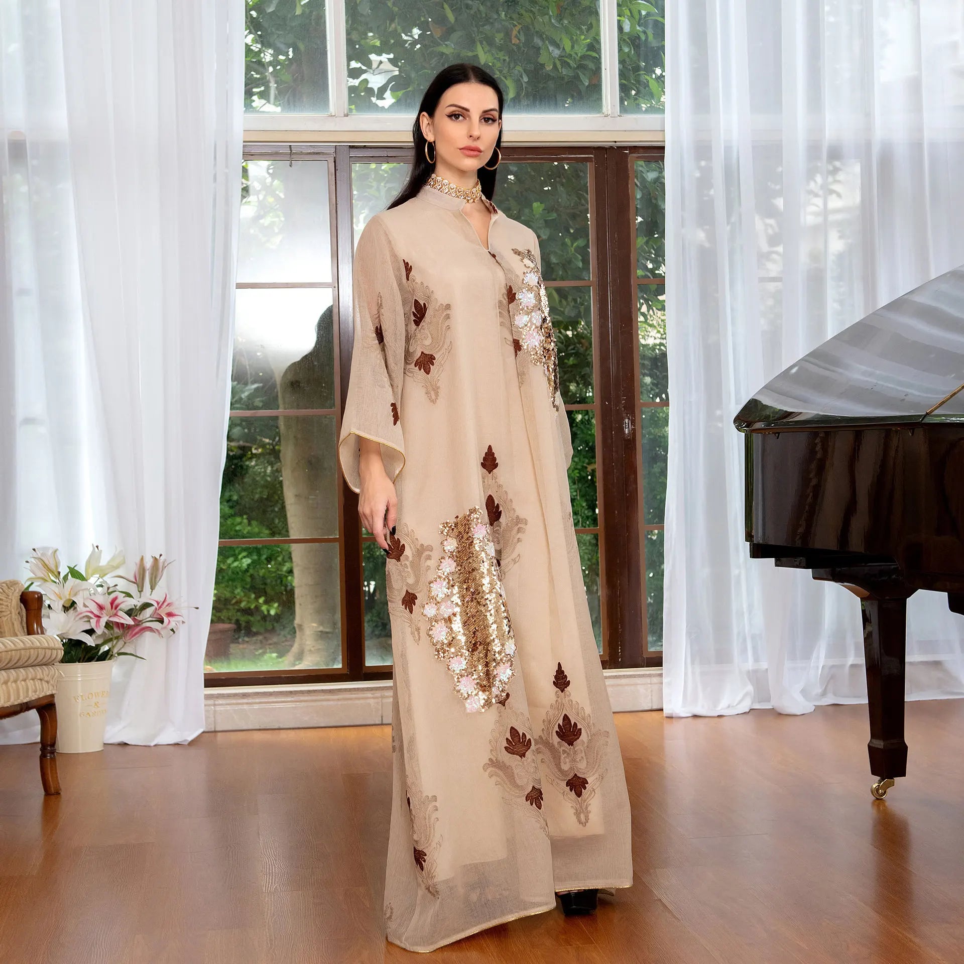 ABY036 Majestic Sequin Elegance A-Line Abaya