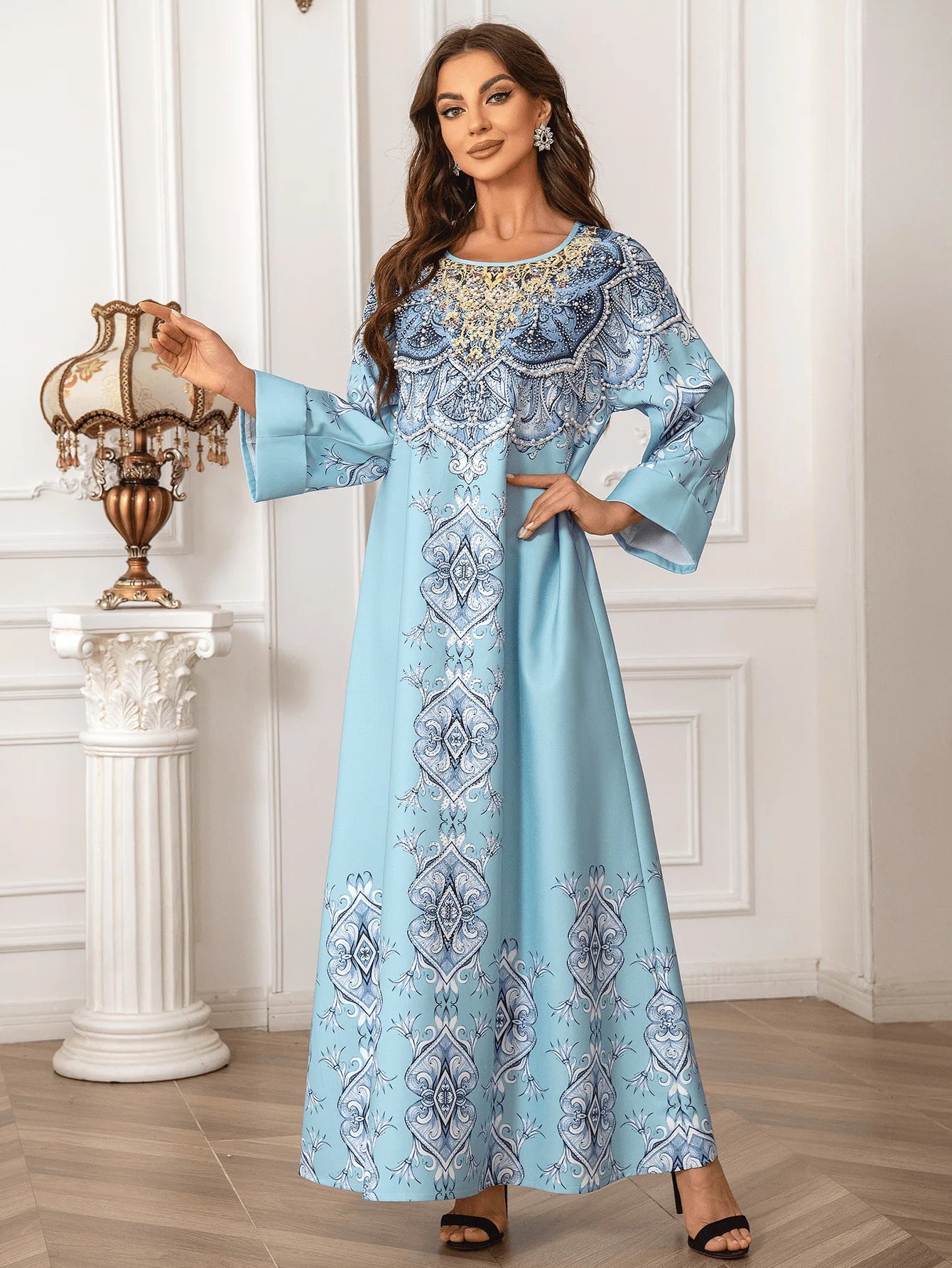 ABY028  Premium Pearl-Embellished Kaftan/ light blue