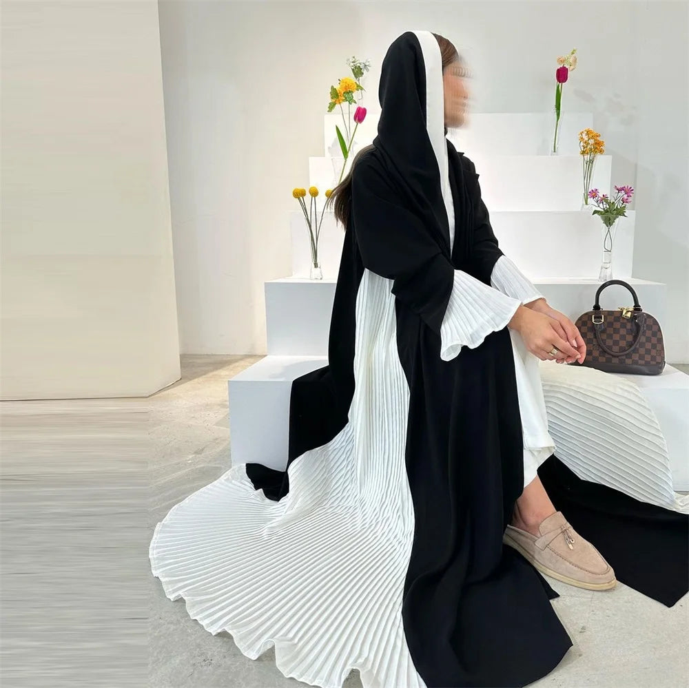 ABY038 Black and White Pleated Contrast Abaya with Hood