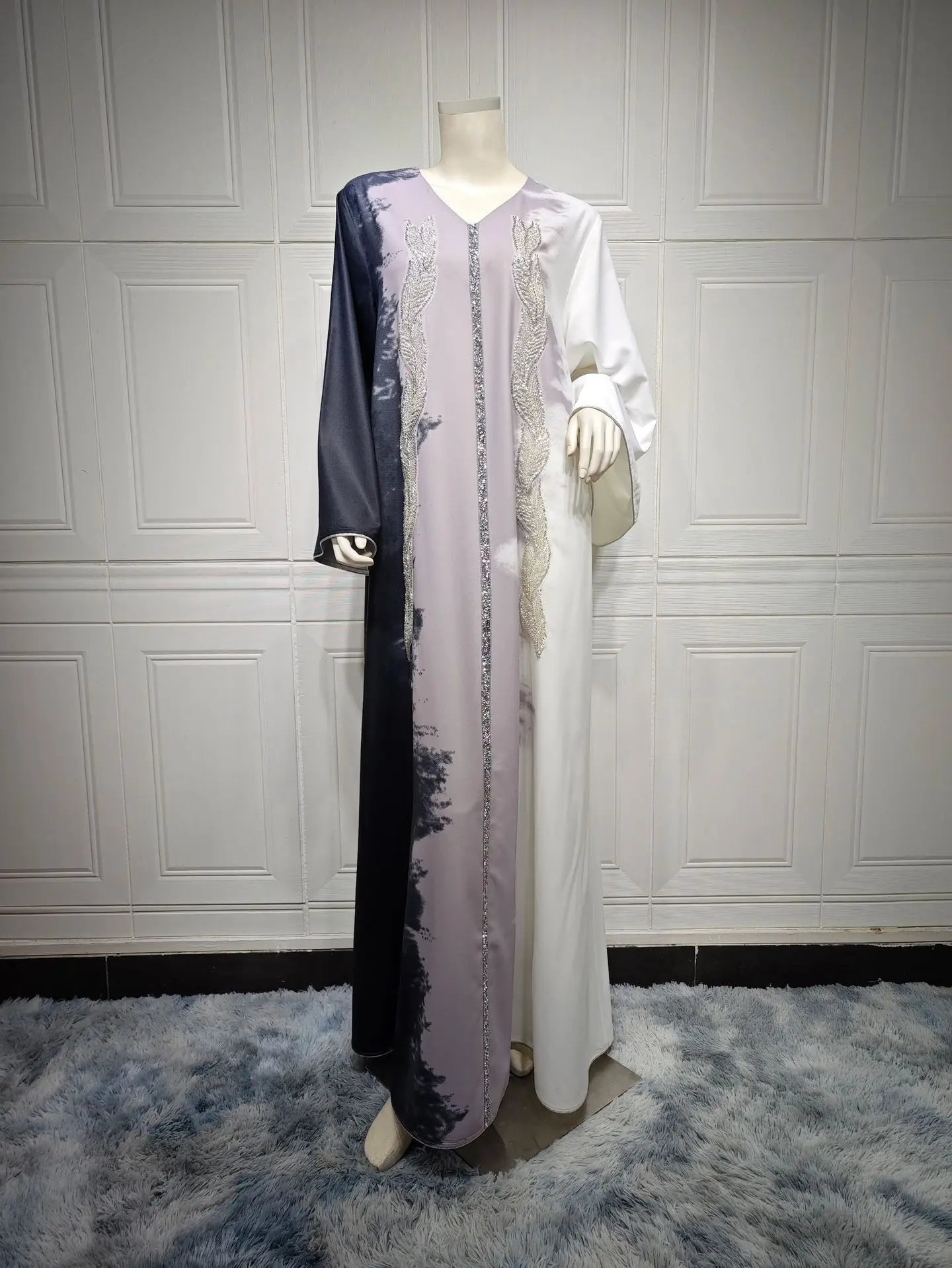 LX01 Eid abaya/ramadan abaya/ Eid dresses/ Handcrafted Artistic Beaded Satin Abaya – Three-Tone Luxury Ramadan & Eid Maxi Dress