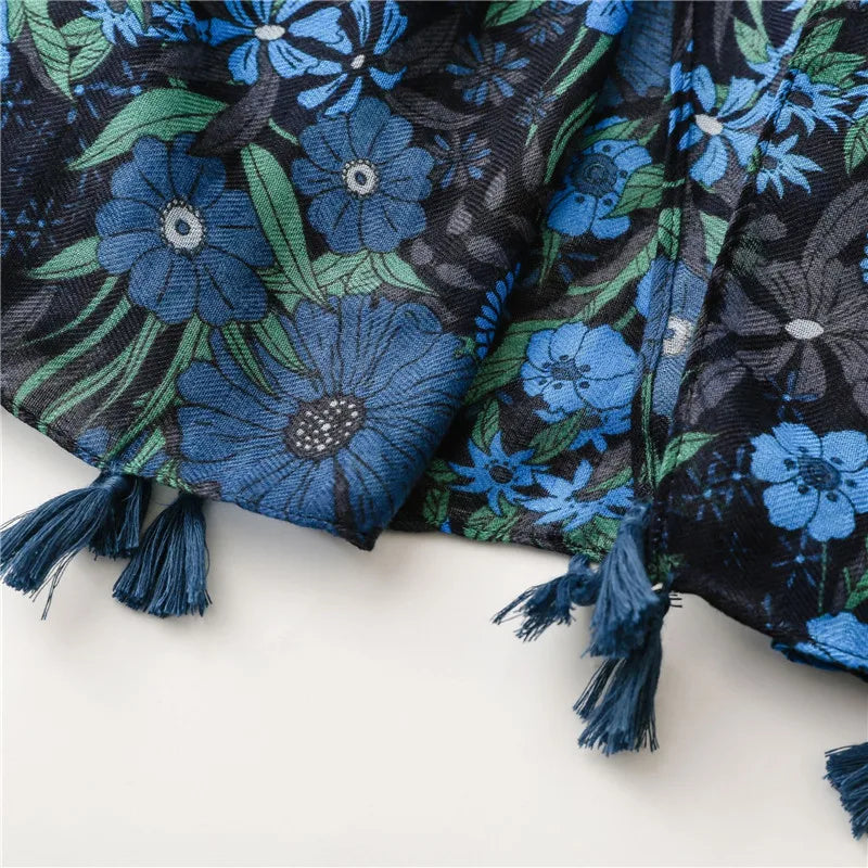 HB08 Midnight Garden Floral Tassel Hijab/ Viscose Shawl