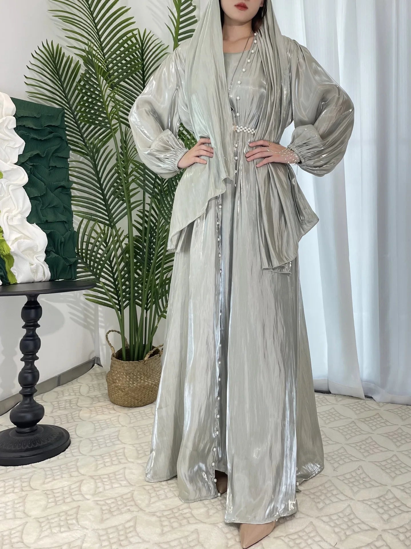 ABY13  Lantern Sleeve Lux Radiance Four-Piece Satin Abaya