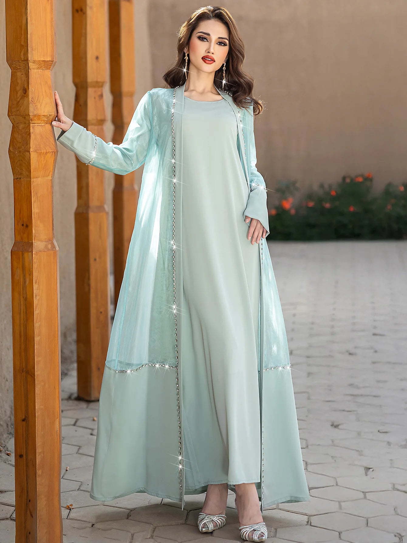 Layali Pearl Satin Abaya Set – Eid & Ramadan Modest Long Dress (LXG8)