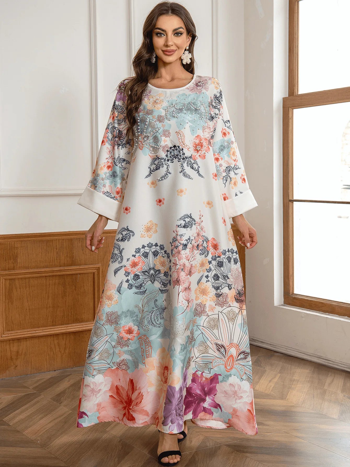 Majestic Paisley Print Abaya – Elegant Modest Dress for Eid & Ramadan (K6)