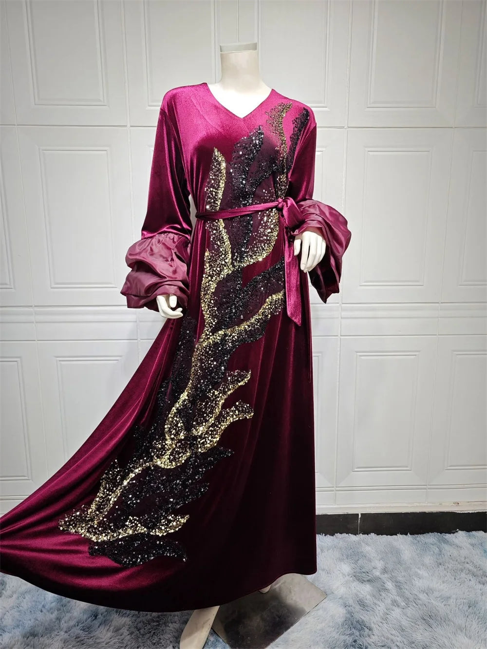 ABY11 Elegant Velvet Kaftan with Sequin Embellishments for Autumn/Winter