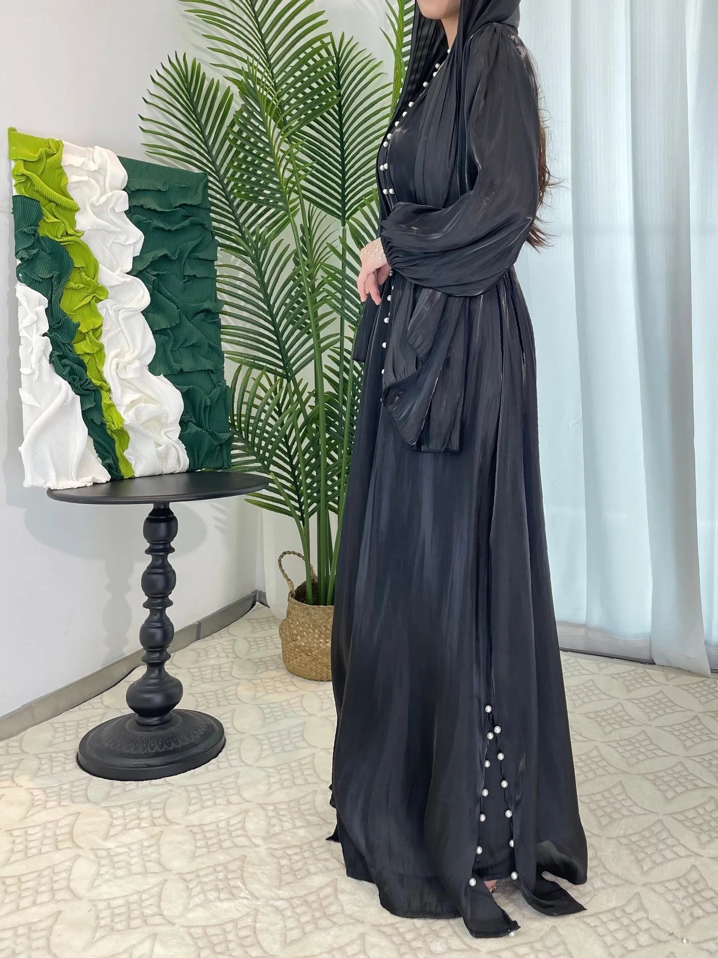 ABY13  Lantern Sleeve Lux Radiance Four-Piece Satin Abaya