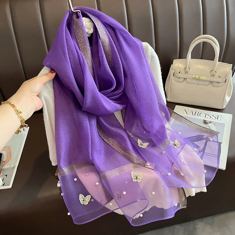 Luxury Silk Shawl Scarf- Butterfly Pearl Silk Scarf/Hijab Collection