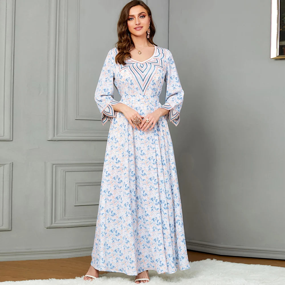 EG08 Fashion Embroidery Printed V-neck/Pastel Bloom Embroidered Abaya