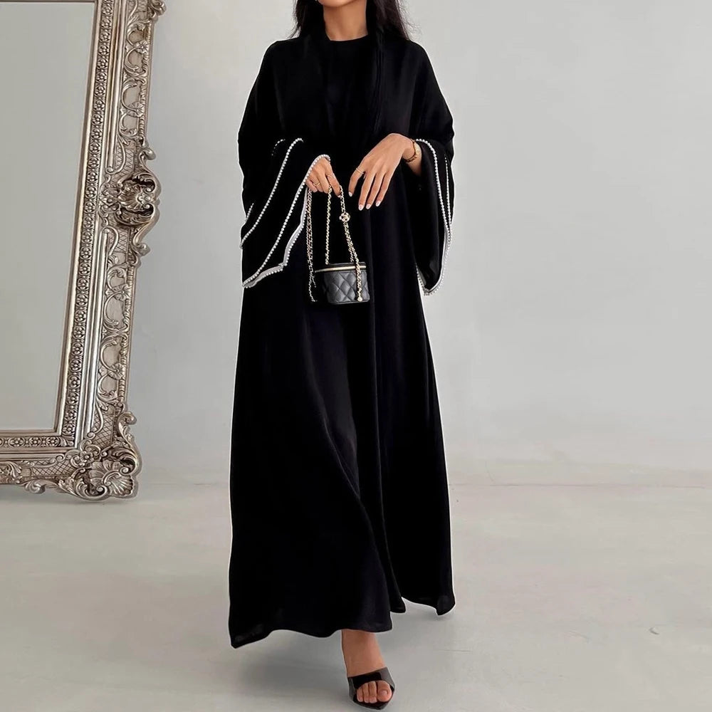 Velaya Abaya – Pearl-Trimmed Perfection in Black - Daily and Ramadan Modest Long Dress (D9)