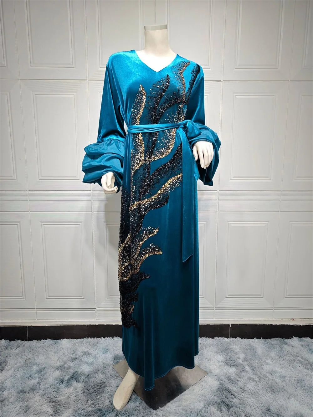 ABY11 Elegant Velvet Kaftan with Sequin Embellishments for Autumn/Winter