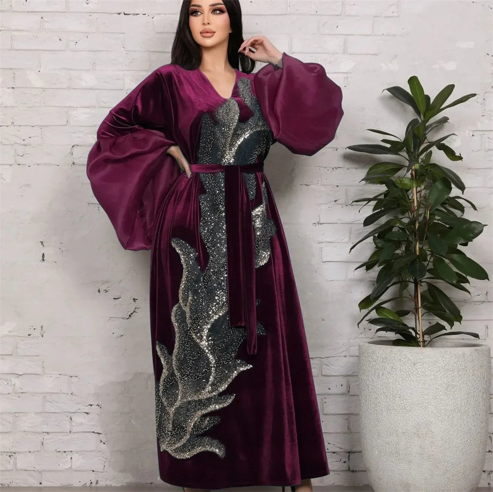 ABY11 Elegant Velvet Kaftan with Sequin Embellishments for Autumn/Winter