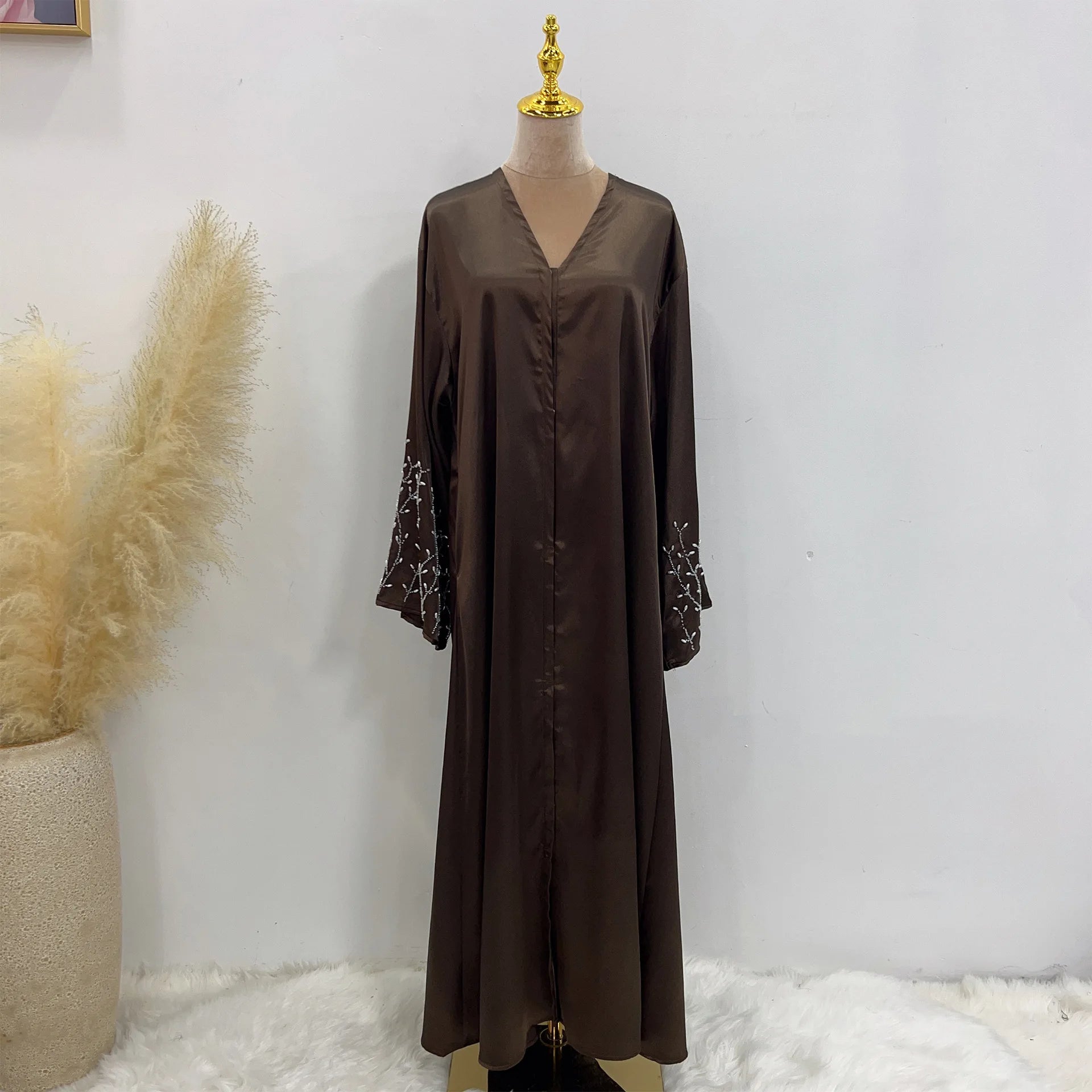 ABY15 Silver Grace Embroidered Satin Abaya