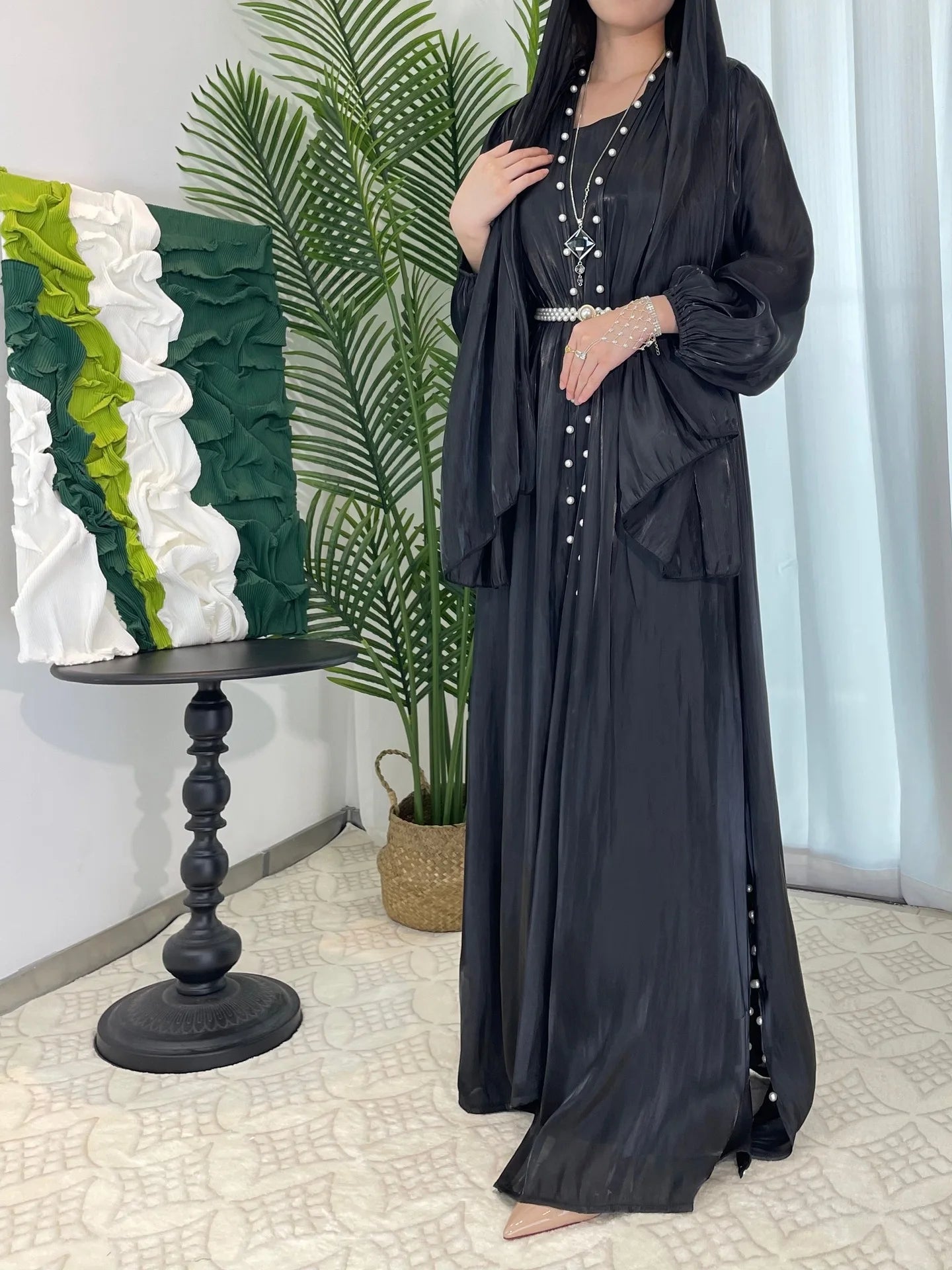 ABY13  Lantern Sleeve Lux Radiance Four-Piece Satin Abaya