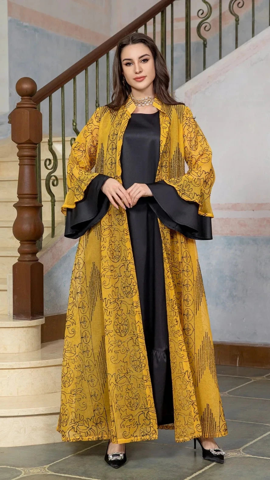 LX05 Eid abaya/ramadan abaya/ Eid dresses Full Embroidery elegant 2 Pieces  Open Abaya