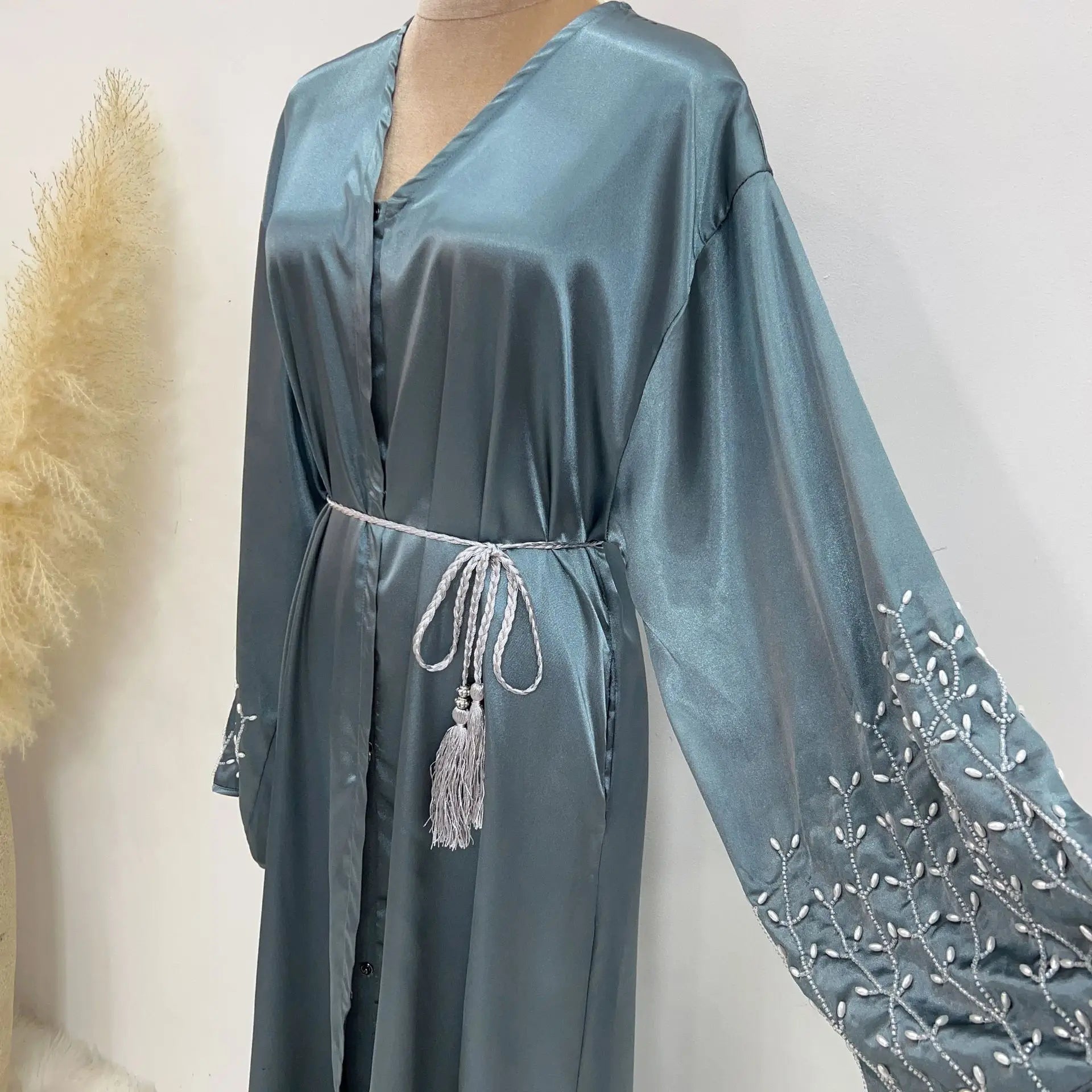 ABY15 Silver Grace Embroidered Satin Abaya