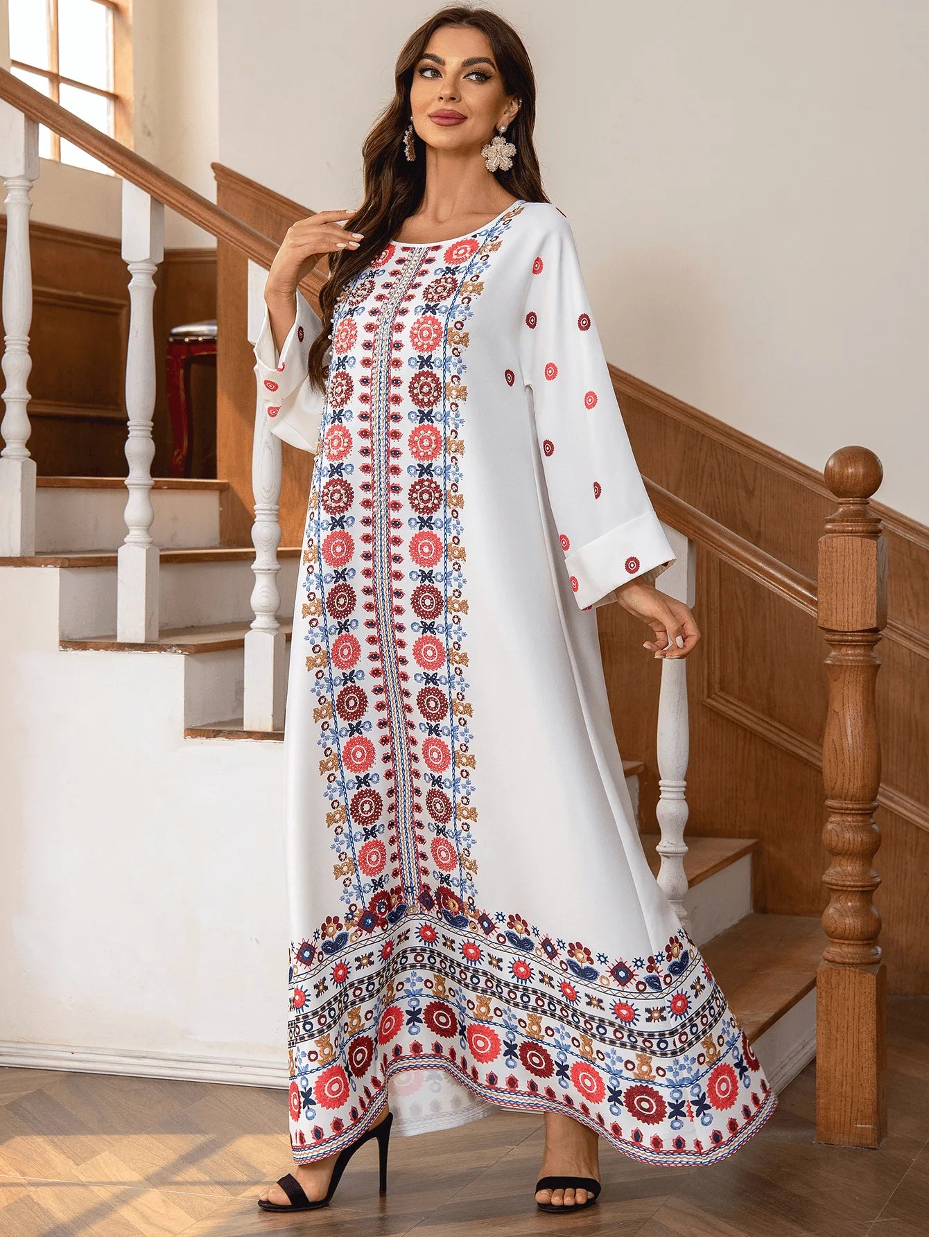 ABY035 Opulent Print Abaya with Pearl and Diamond Adornments (PINK AND WHITE)