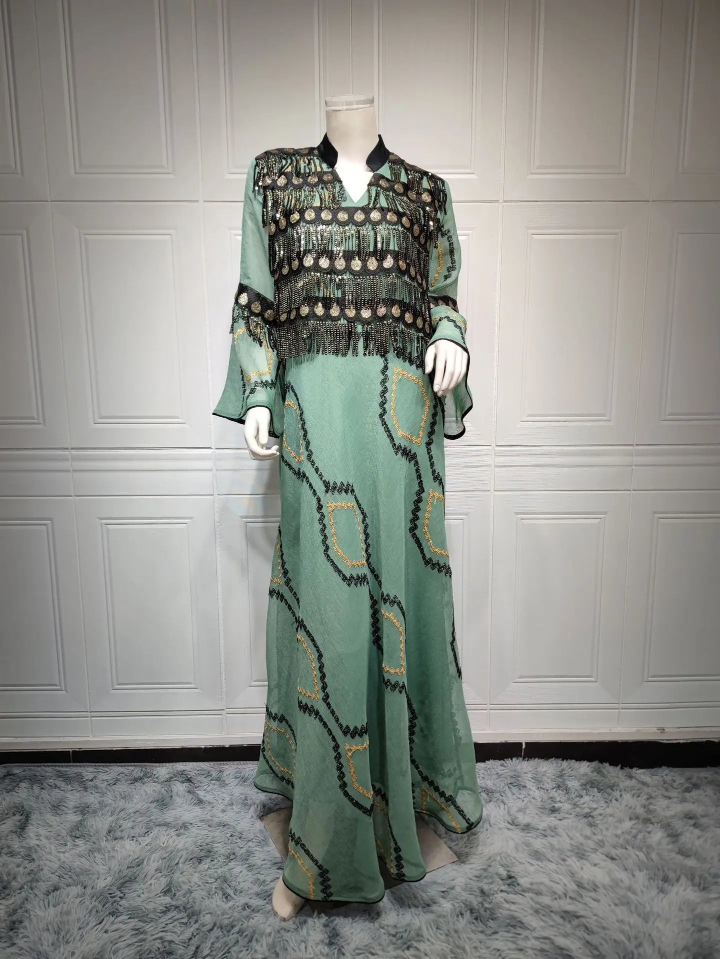 LX20 Eid abaya/ramadan abaya/ Eid dresses/ Bohemian Luxe Coin Tassel Abaya/ Tassel Sequins Embroidery Maxi Dress