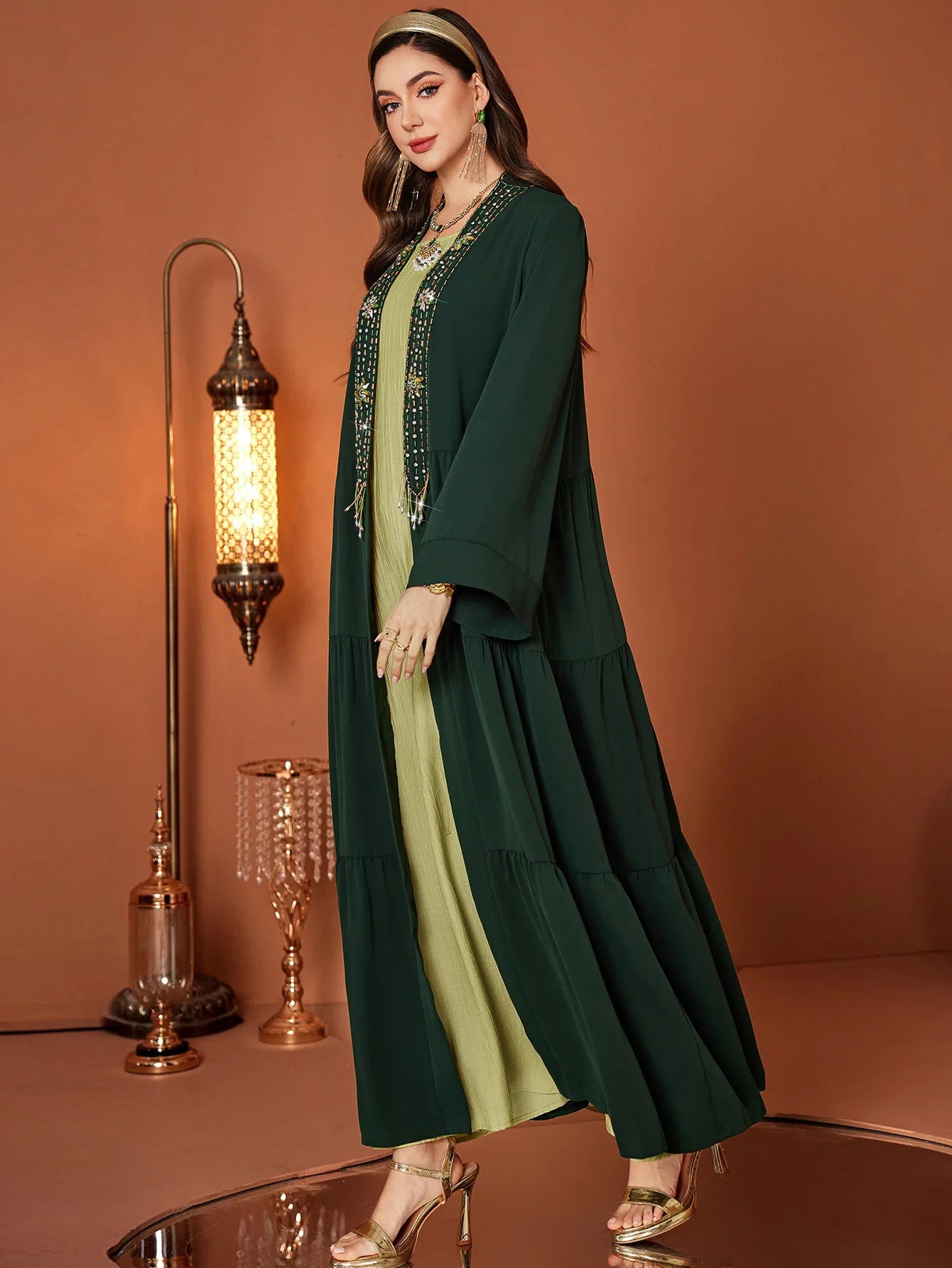 Emerald Oasis Embellished Abaya Set – Eid & Ramadan Modest Long Dress (LXE8)