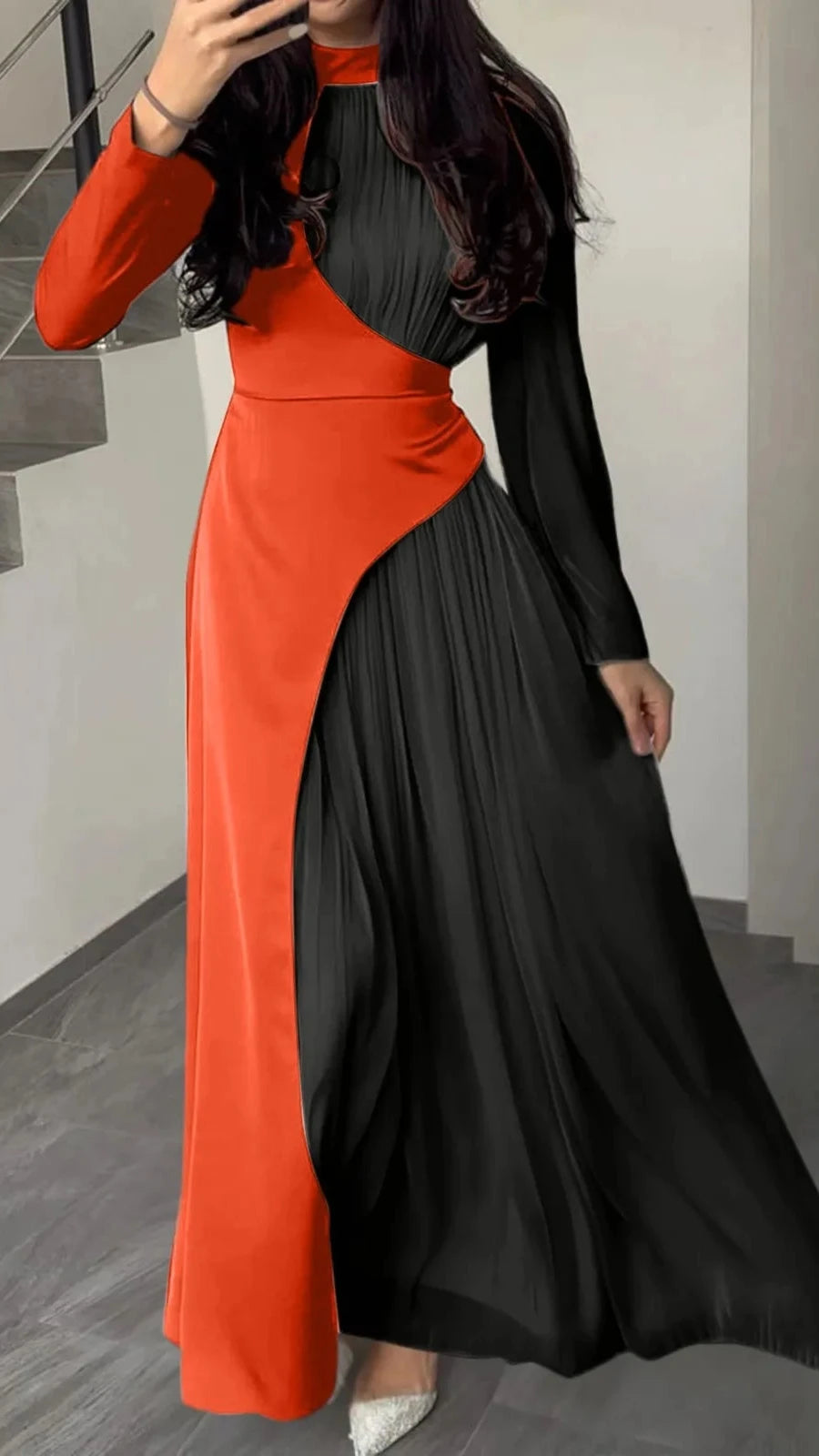 EG02 Elegant Contrast Patchwork Dress/ Modern Elegance Pleated Color-Block Dress