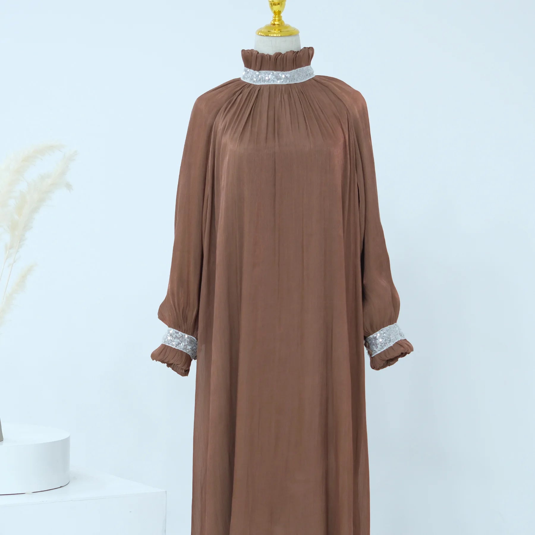 ABY039  Elegant Pleated Satin Abaya with Embellished Collar